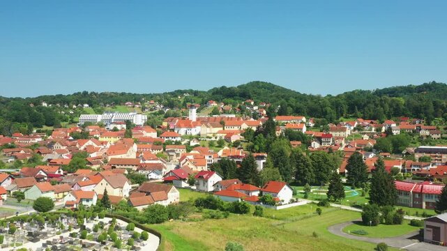 Aerial view of town of Varazdinske Toplice in green landscape, Zagorje region of Croatia