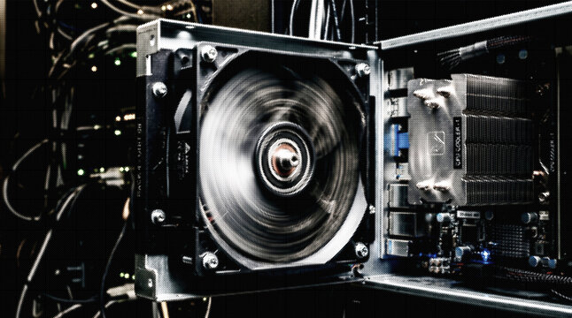Close Up of Spinning Computer Server Cooling Fan and CPU Heatsink Halftone effect