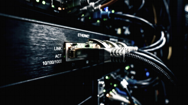 Network ethernet cables connected to server switch in datacenter with halftone effect