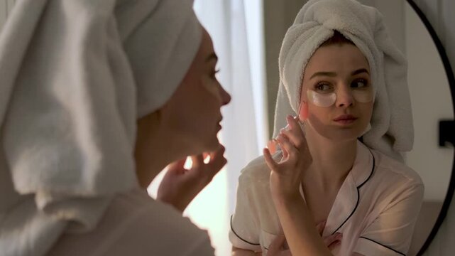 Young woman with a towel wrapped around her hair using a rose quartz facial roller while wearing under eye patches in front of a mirror. Home skincare, beauty treatment and self care wellness concept