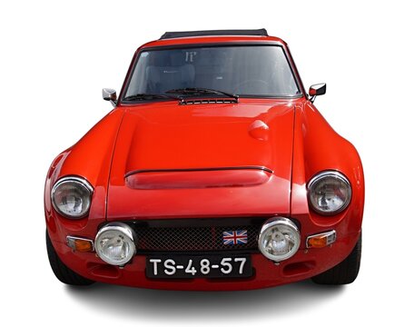 Red classic British sportscar Austin Healey Sprite front view