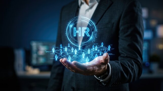 Human resources technology concept digital network of employees held in a businessman s hand