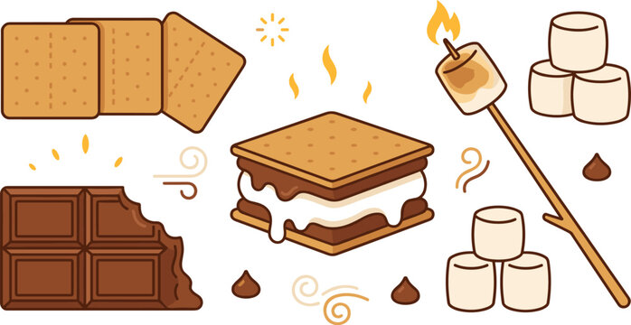 Smores Camping Dessert Vector Element Set Featuring Graham Crackers Melted Chocolate Bar Toasted Marshmallow on Stick and Chocolate Chips Illustration