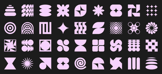Geometric shapes collection, minimal style design with abstract symbols: stars, arches, stripes, flowers, arrows, circles, simple flat icons set © dlyastokiv