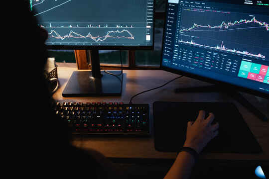 Trader hands working with Stock chart on Multiple Screens