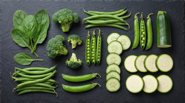 Fresh green vegetables including spinach broccoli cucumber snap peas string beans and zucchini arranged on a dark slate background for healthy eating display