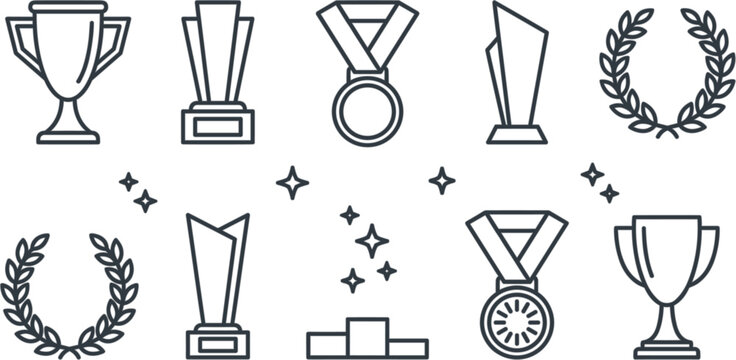 Achievement award line vector icon set containing classic trophy cup, winner medal with ribbon, laurel wreath, podium pedestal, and geometric crystal prize symbols.