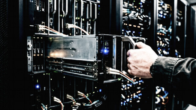 IT Specialist Installing Server Blade in Data Center Rack Halftone Effect