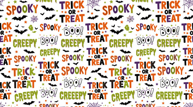 Halloween text pattern spooky trick treat boo creepy bats stars web.