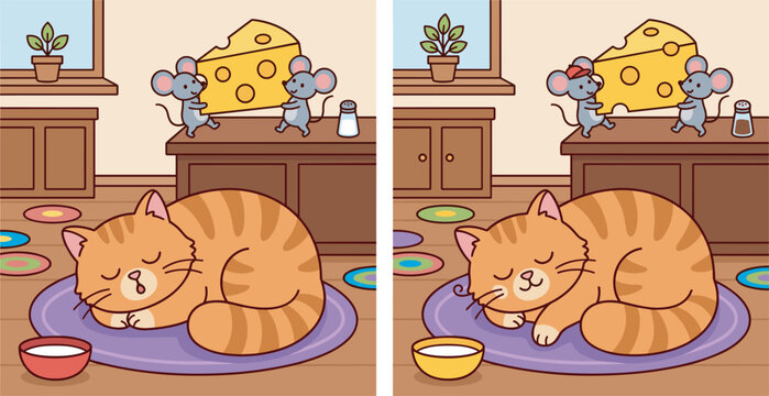 Find the differences game vector worksheet for kids with cute cartoon sleeping cat and mice stealing cheese