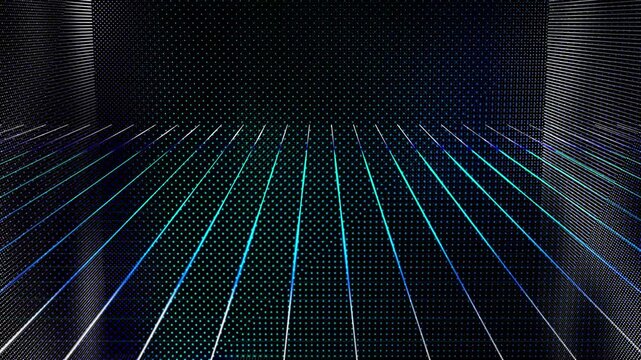 Cyber Space Matrix Background with Data Flow Lines and Vibrant Light Particles in 3D Perspective.  4k background motion videos