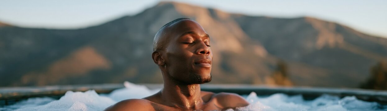 Relaxing man in hot tub with mountain view for spa retreat background and wellness banner