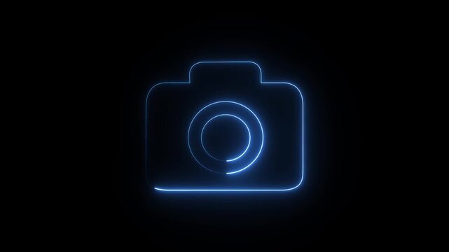 Neon glowing line camera icon isolated on black background for digital photography and media content.