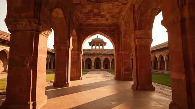 Ancient stone archways interior at golden hour.