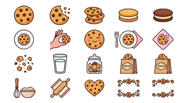 Chocolate chip cookie icon set, 20 cute bakery vector elements, sweet biscuit and milk snack illustrations for cafe menus and packaging