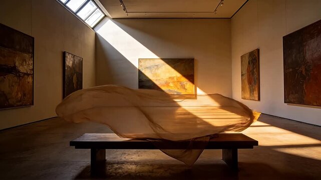 Art gallery interior with abstract paintings and fabric installation on table