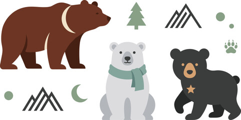 Flat Design Bear Vector Set Featuring Grizzly Bear Polar Bear with Scarf Black Bear Cub Mountain Peaks Pine Tree and Crescent Moon Wildlife Illustration © Lota