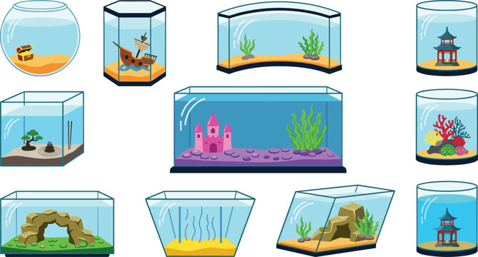 Empty Glass Aquarium and Fish Tank Set with Various Shapes Decorations Castle Shipwreck Coral Reef and Rocks Vector Illustration