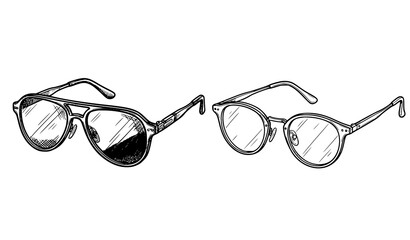 Classic aviator and round eyeglasses frames optical spectacles hand drawn sketch vector illustration isolated on plain white background © Begum