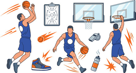 Basketball Player Action Vector Set Featuring Athlete Shooting Dribbling Slam Dunking Hoop Backboard Strategy Clipboard Whistle and Sneaker Design Elements © Lota