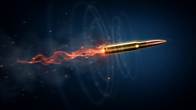 High velocity golden bullet flying through air with smoke trail ammunition projectile ballistics military shooting velocity