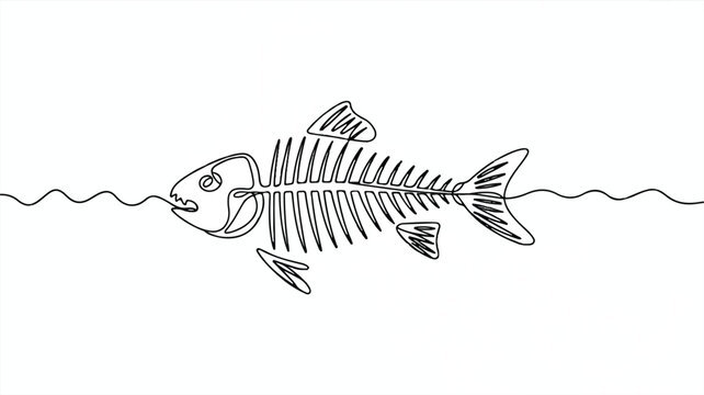 A minimalistic line drawing of a steaming fish skeleton floats on water