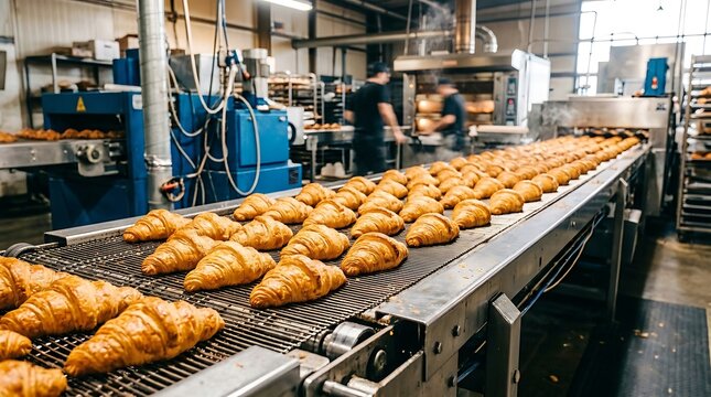 Industrial bakery production line with rows of fresh croissants on a conveyor belt in a food factory