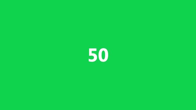 White 0 to 100 countdown symbol animation on green background with alpha channel. Animated of zero to hundred countdown.