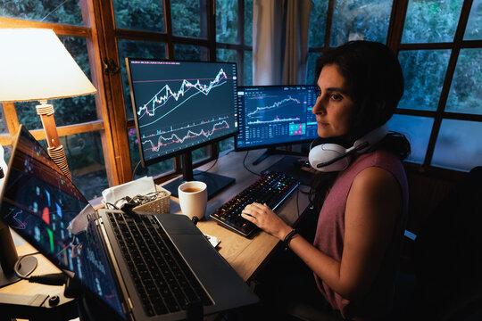 Trading Stock on Multiple Screens at Home office setup at night