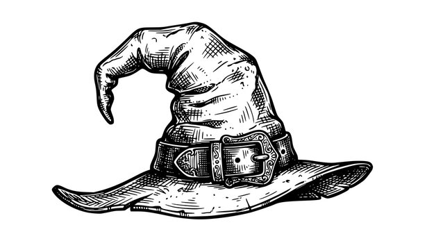 Crooked halloween witch hat hand drawn sketch vector illustration isolated on plain white background pointy wizard cap
