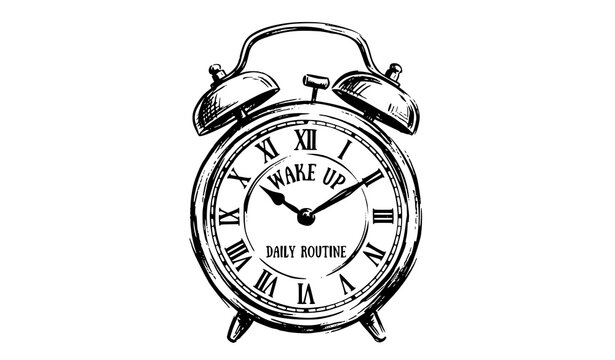 Vintage alarm clock with roman numerals hand drawn sketch vector illustration isolated on plain white background wake up