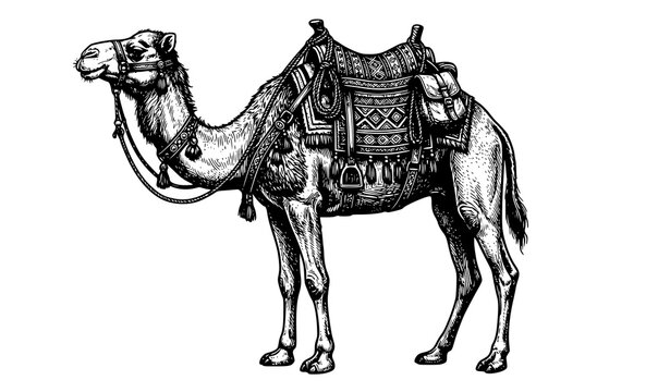 Hand drawn vintage camel with saddle sketch vector illustration isolated on white background for desert travel design