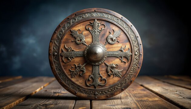 Close-up of an ancient Viking shield with dragon carvings on a wooden surface