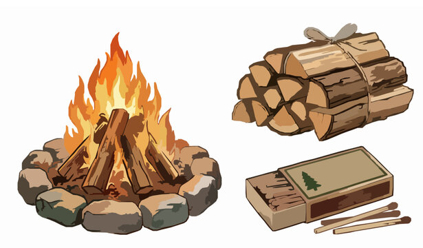 Campfire with stone ring firewood bundle and matchbox vector illustration isolated on white background for camping design
