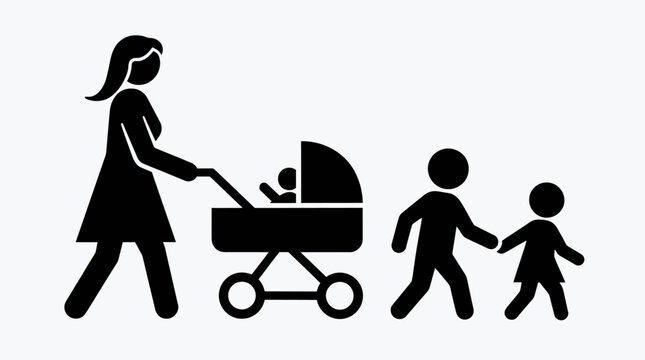 Black silhouette of woman walking with three children.