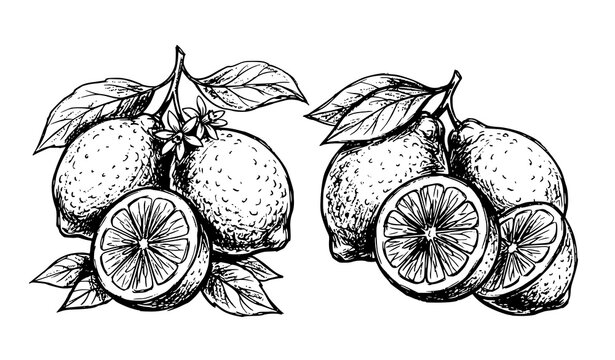 Hand drawn vintage lemon citrus fruit branch sketch vector illustration isolated on plain white background for design