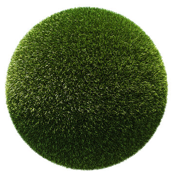 3d green grass planet isolated on white background, Conceptual render resembling a miniature grassy planet
