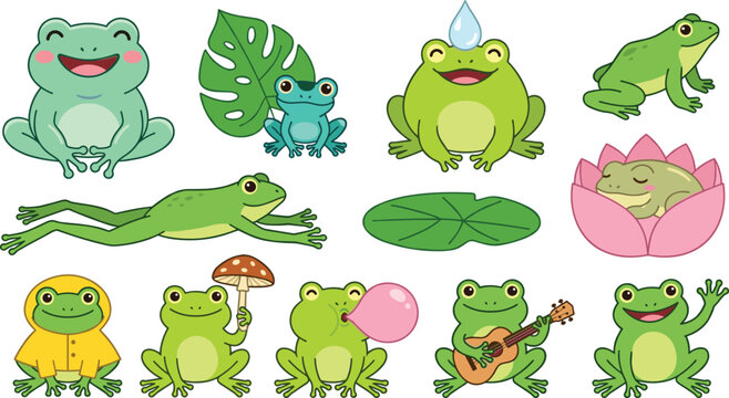 Cute Frog Cartoon Character Sticker Set Featuring Toad in Raincoat Playing Guitar Blowing Bubblegum and Sleeping in Lotus Flower Vector Illustration