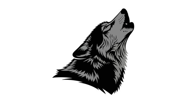 Vintage howling wolf head vector illustration, black and grey timber wolf profile, wild animal mascot for outdoor apparel and logo design