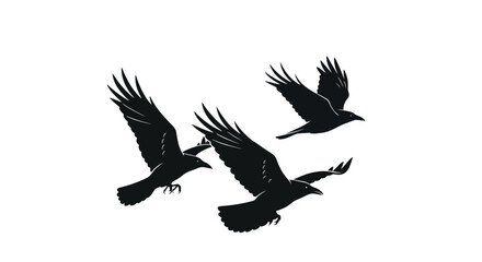 Black raven silhouettes in flight, flying crow bird vector illustration, dark gothic corvid group isolated on white background for halloween design © Seli