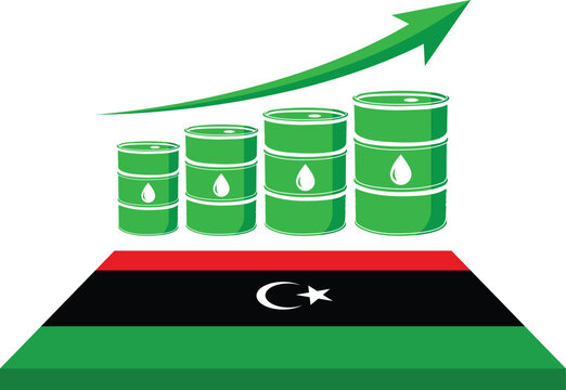 Vector illustration of rising oil barrels over the flag of Libya with an upward arrow, representing economic growth, petroleum export increase, and rising energy prices.