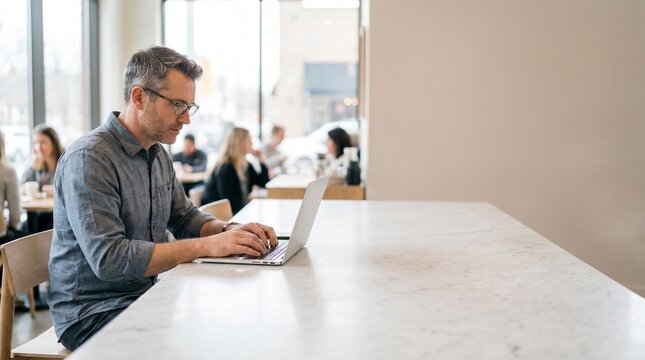 Mature caucasian man with a concentrated mood writing an email on his notebook against a busy public restaurant background with copy space