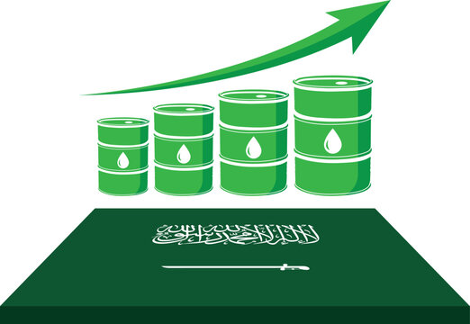 Vector illustration of rising oil barrels over the flag of Saudi Arabia with an upward arrow, representing economic growth, petroleum export increase, and rising energy prices.