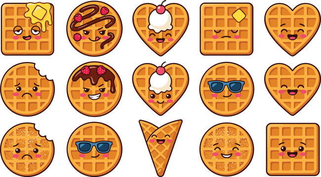 Cute Waffle Cartoon Character Icon Set Featuring Kawaii Heart Round and Square Shapes with Butter Chocolate Berries Whipped Cream and Sunglasses Vector Illustration