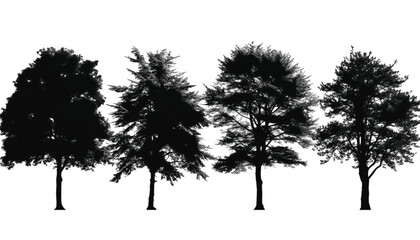 Fototapeta premium Trees represented as black silhouettes stand in a clean row against a stark white background to provide a versatile design element for various artistic projects that require natural botanical imagery.