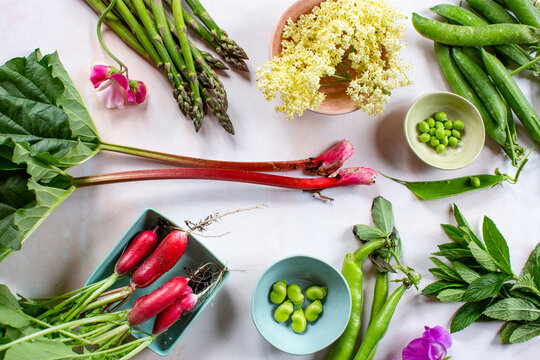 Fresh and colourful spring vegetables and flowers