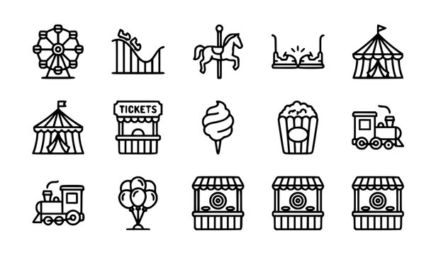 Modern editable stroke amusement park icon set with rides attractions and carnival entertainment vector UI collection