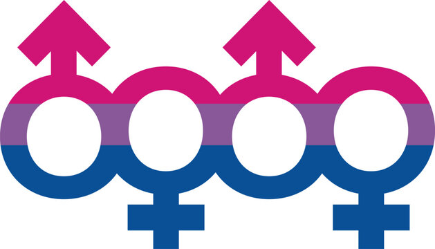 Bisexual Pride Symbol Interlinked Male and Female Gender Signs with Bi Pride Flag Color Gradient Stripes Isolated on White Background