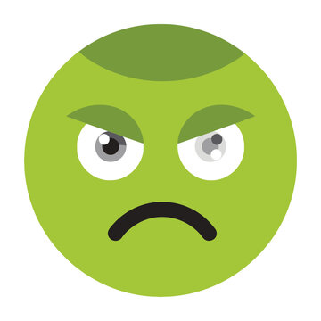 Green emoticon face with angry expression and furrowed eyebrows on white background