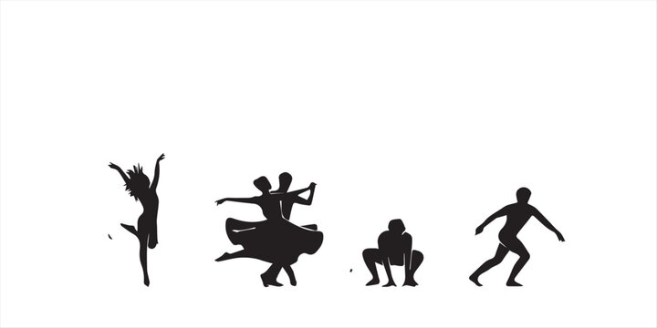 Group of people silhouettes dancing with raised arms, energetic party movement, men and women celebrating, modern dance poses collection isolated on white background